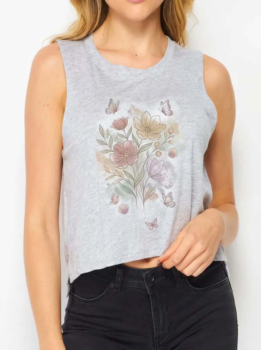 Women's Floral Butterfly Nature Lover Watercolor Printed Tank Top