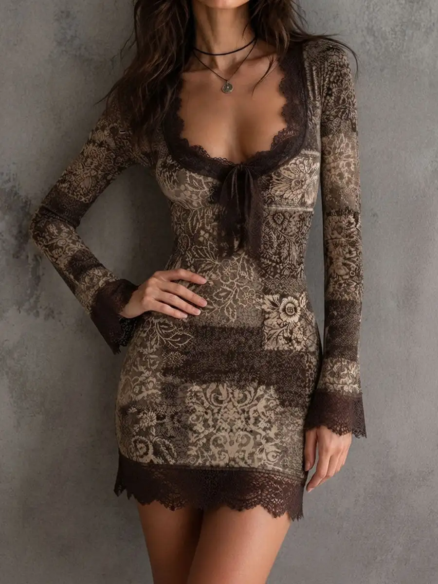 Retro Patchwork Floral Print Lace Edge Mini Dress