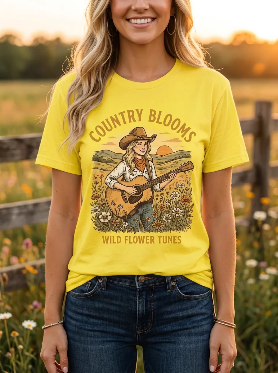 Western-Inspired Country Music Cowgirl Guitar Wildflower Crew Neck T-Shirt