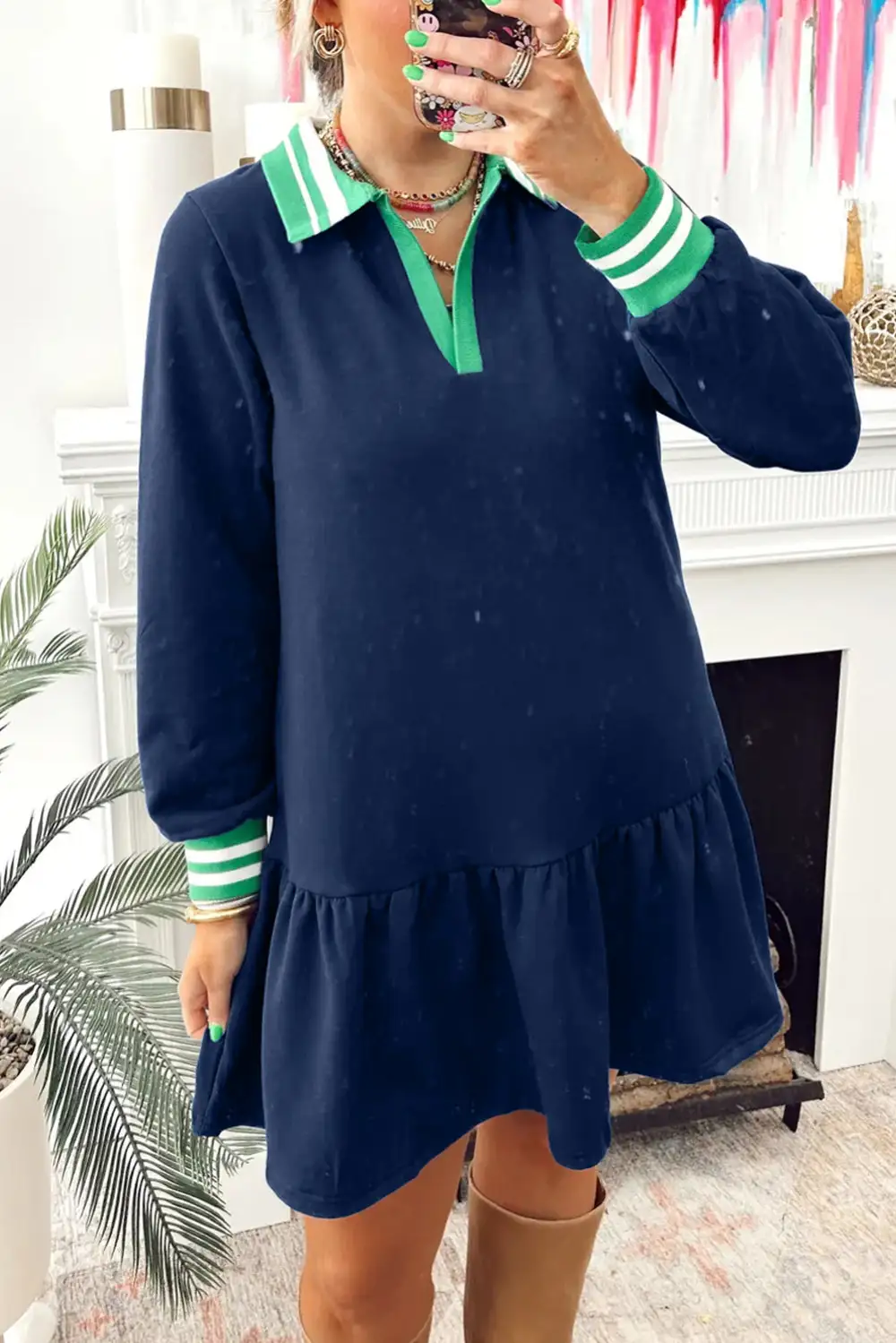 Contrast Striped Cuffs Polo Collar Patchwork Long Sleeve Ruffle Hem Mini Dress