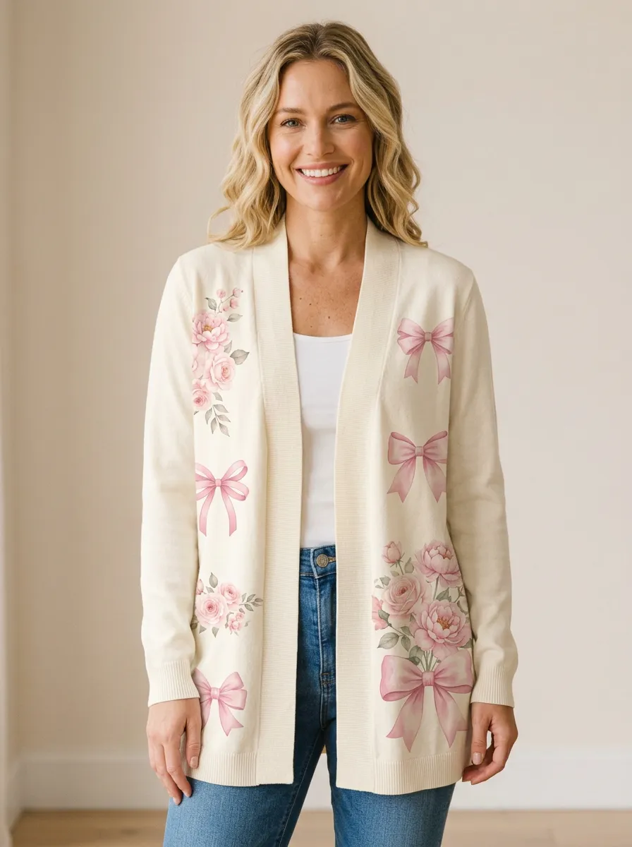 Women's Breast Cancer Awareness Pink Bow Floral Printed Cardigan