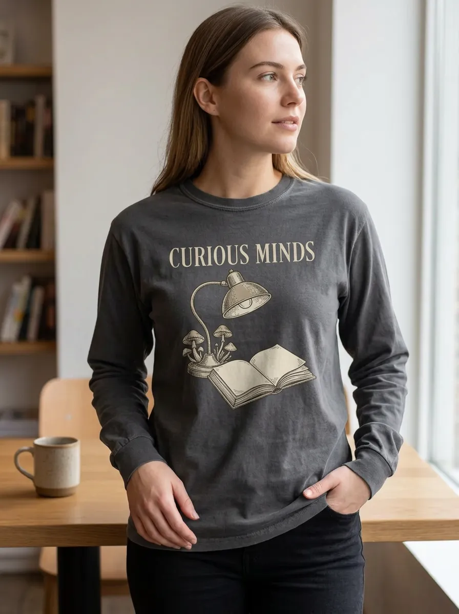 Women's Book Lover Curious Minds Mushroom Lamp Printed Long Sleeve Shirt