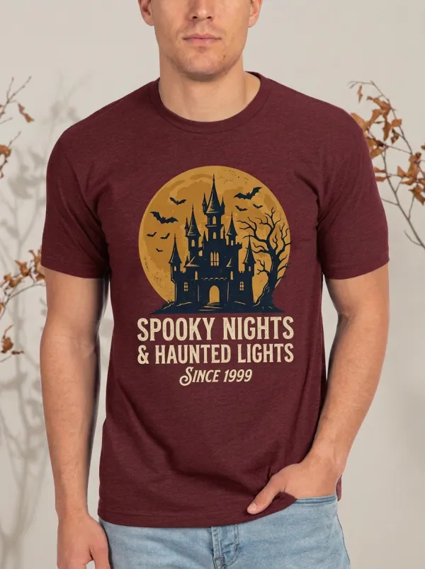 Men's Halloween Haunted Castle Moon Printed T-shirt