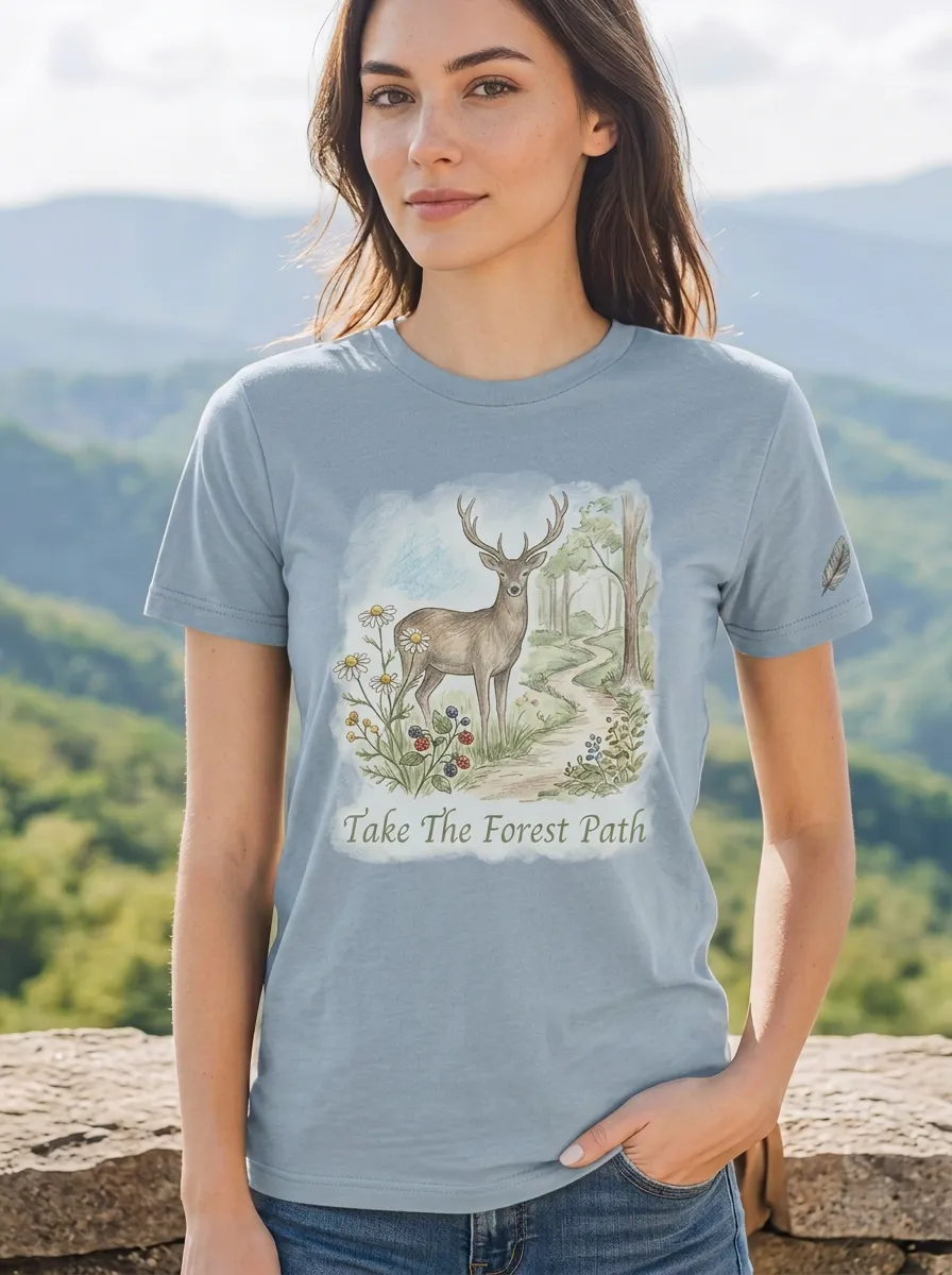Women's Nature Lover Deer Forest Path Printed T-shirt
