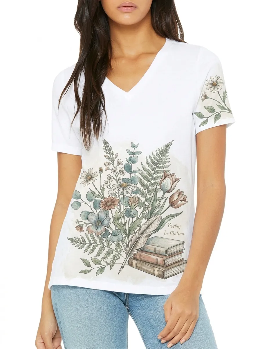 Women's Book Lover Poetry Floral Feather Printed V-neck T-shirt