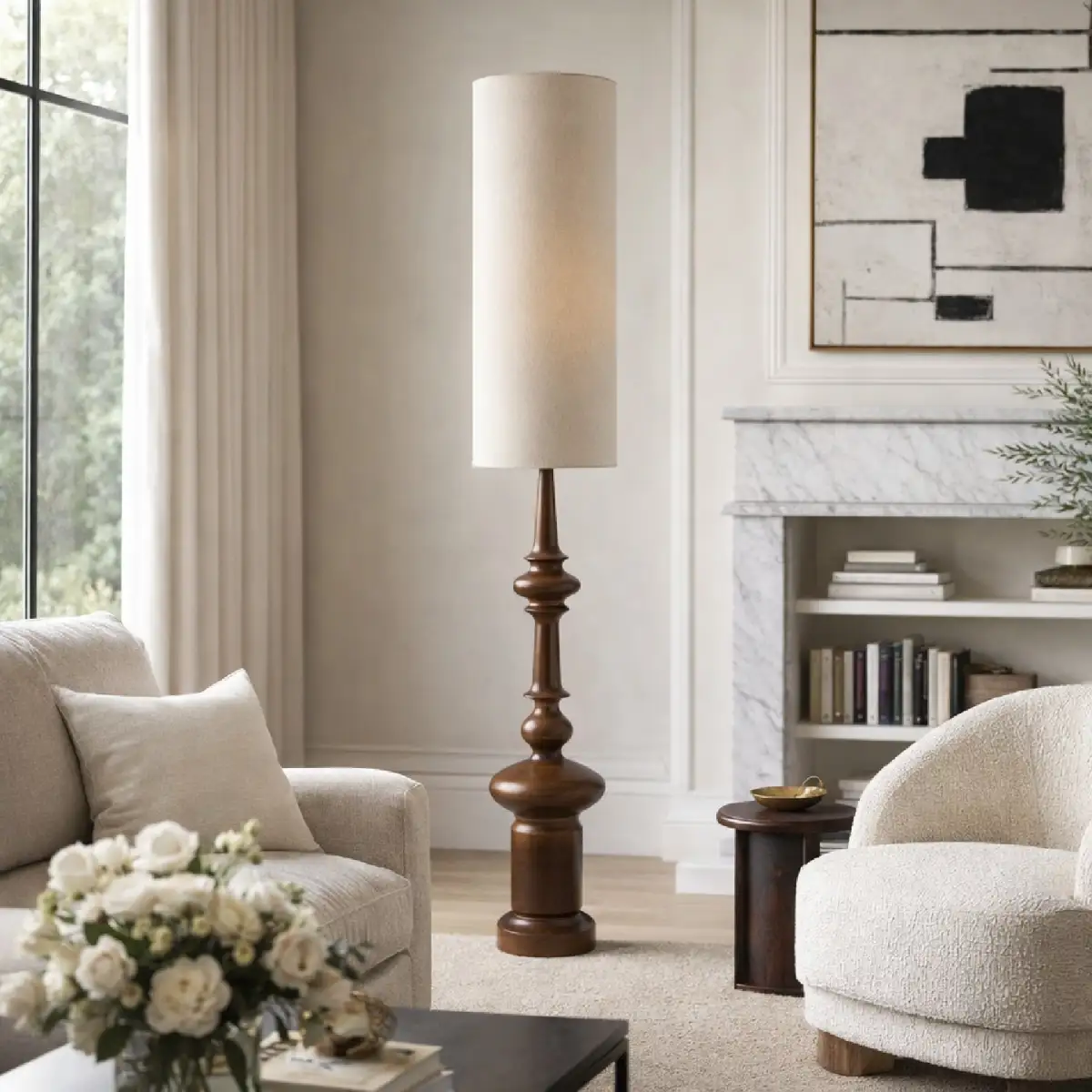 Linen-Shade Cylindrical Floor Lamp