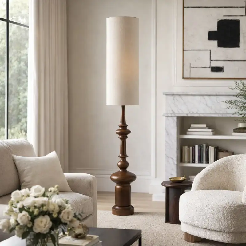 Linen-Shade Cylindrical Floor Lamp