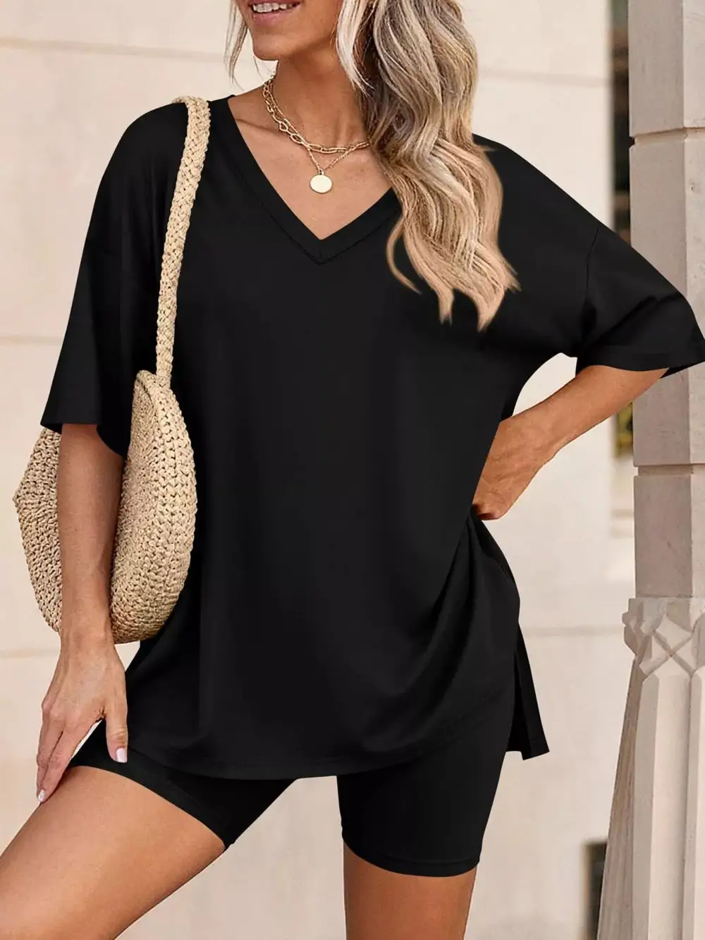 Casual Loose V Neck T Shirt Shorts Sets