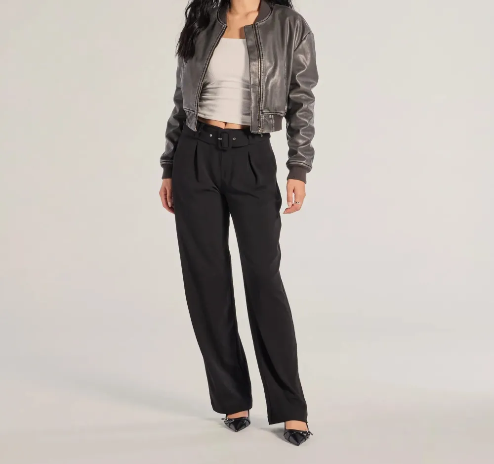 Black High-Rise Straight-Leg Belted Pants