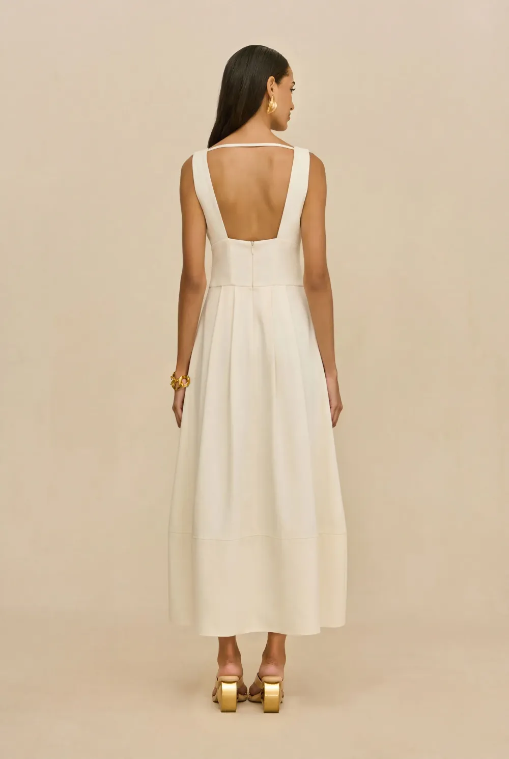 Alina V-Neck Metal Buckle Midi Dress In White