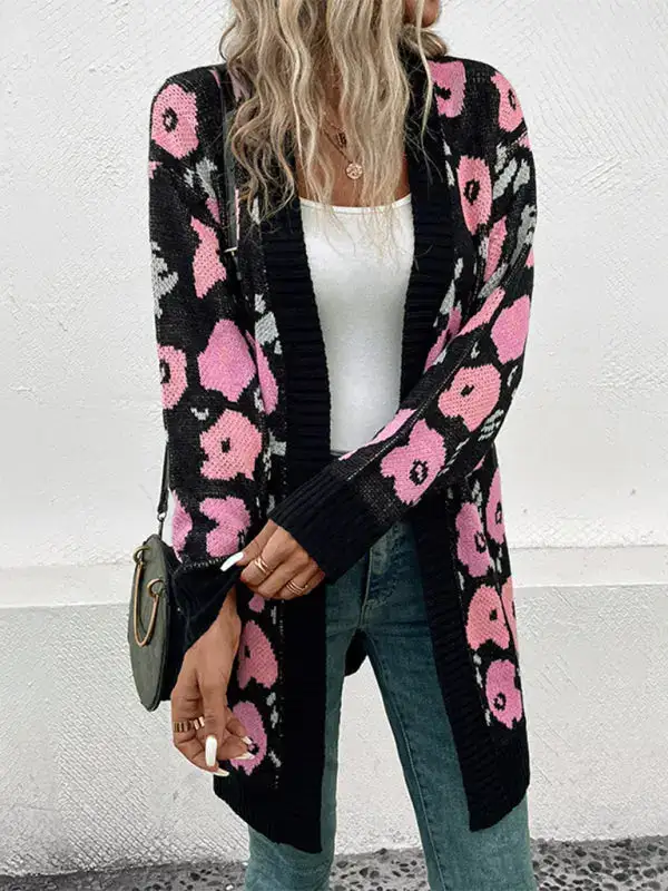 Long-Sleeve Knit Floral Pocketed Cardigan