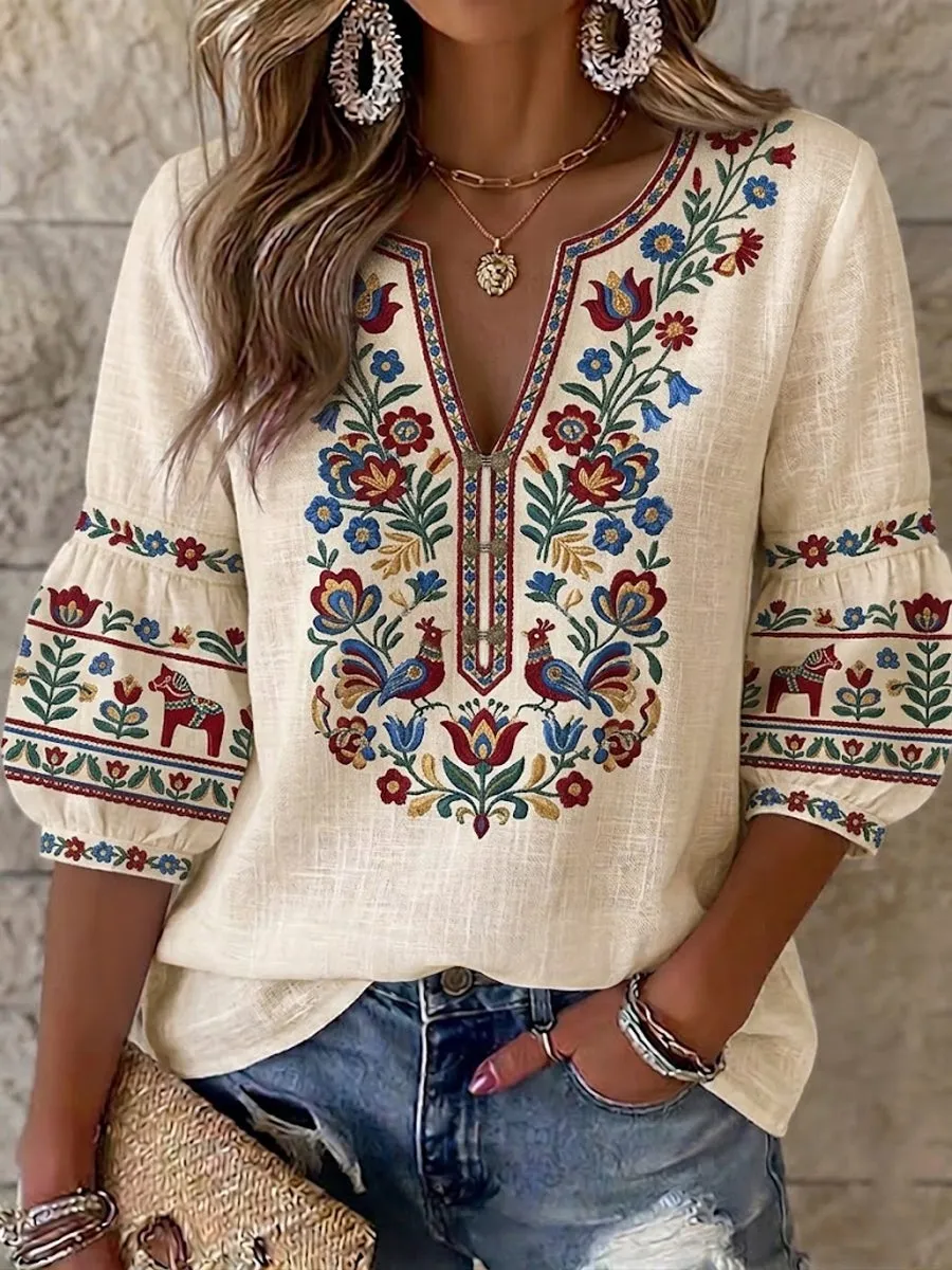 Women's V-neck Mid-Sleeve Printed Casual T-shirt