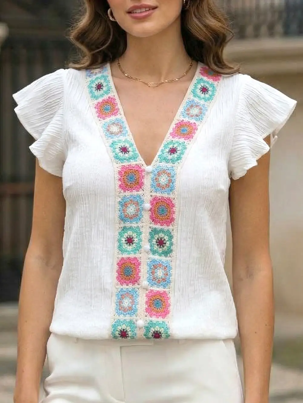 Embroidery V Neck Flutter Sleeve Blouse