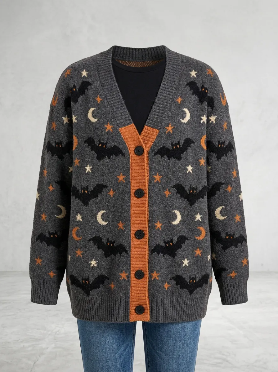 Women's Halloween Bat Moon Star Pattern Knitted Cardigan