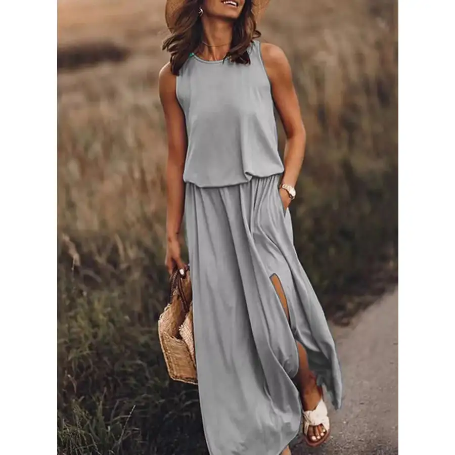 Full Size Round Neck Sleeveless Slit Maxi Dress Plus Size