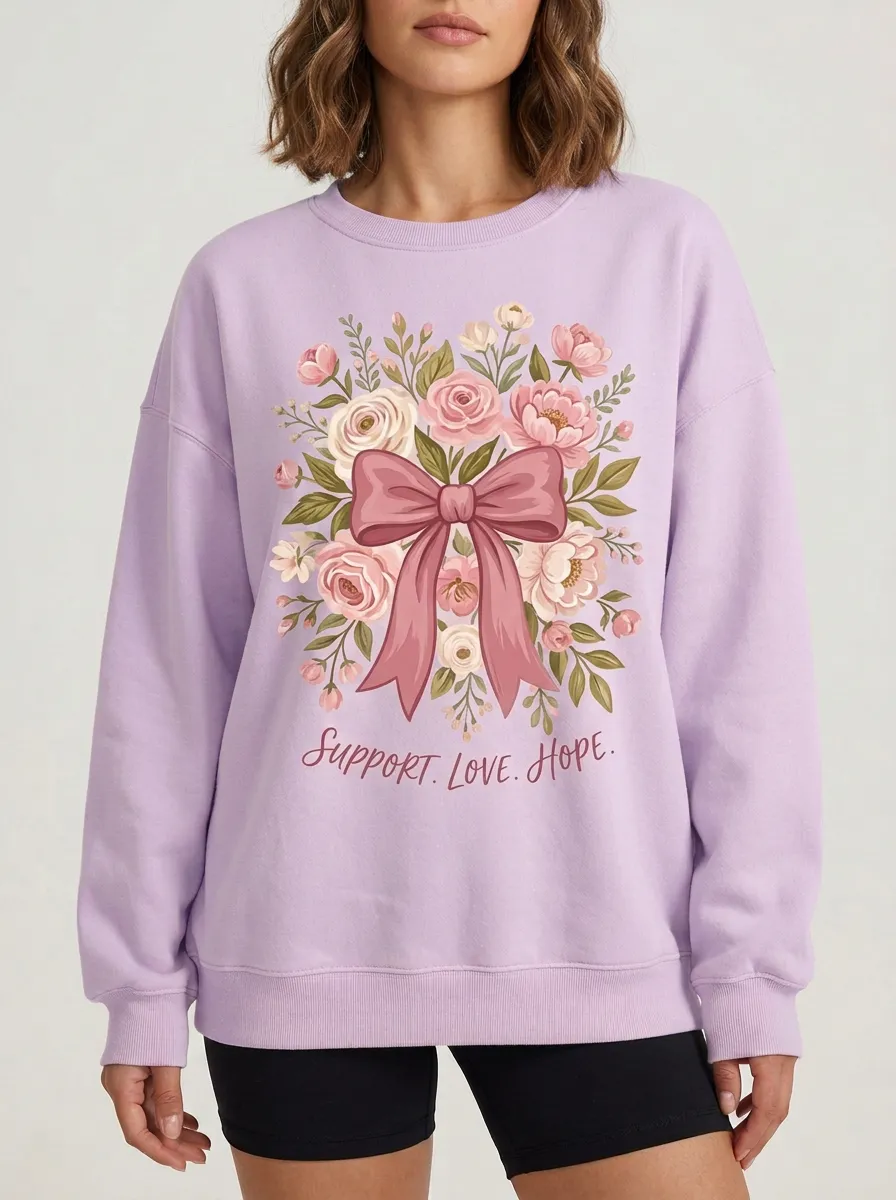 Women's Breast Cancer Awareness Floral Bow Printed Sweatshirt