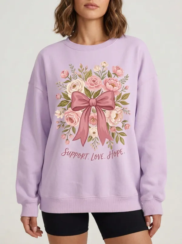 Women's Breast Cancer Awareness Floral Bow Printed Sweatshirt