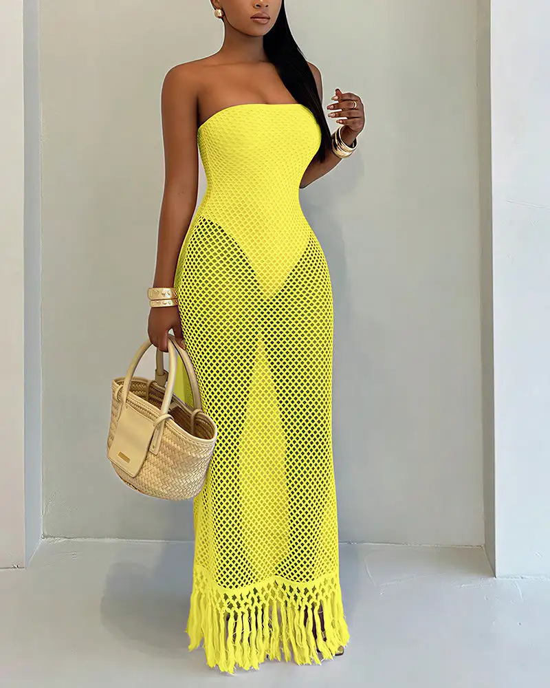 Strapless Crochet Hollow Out Fringe Maxi Dress Cover Up