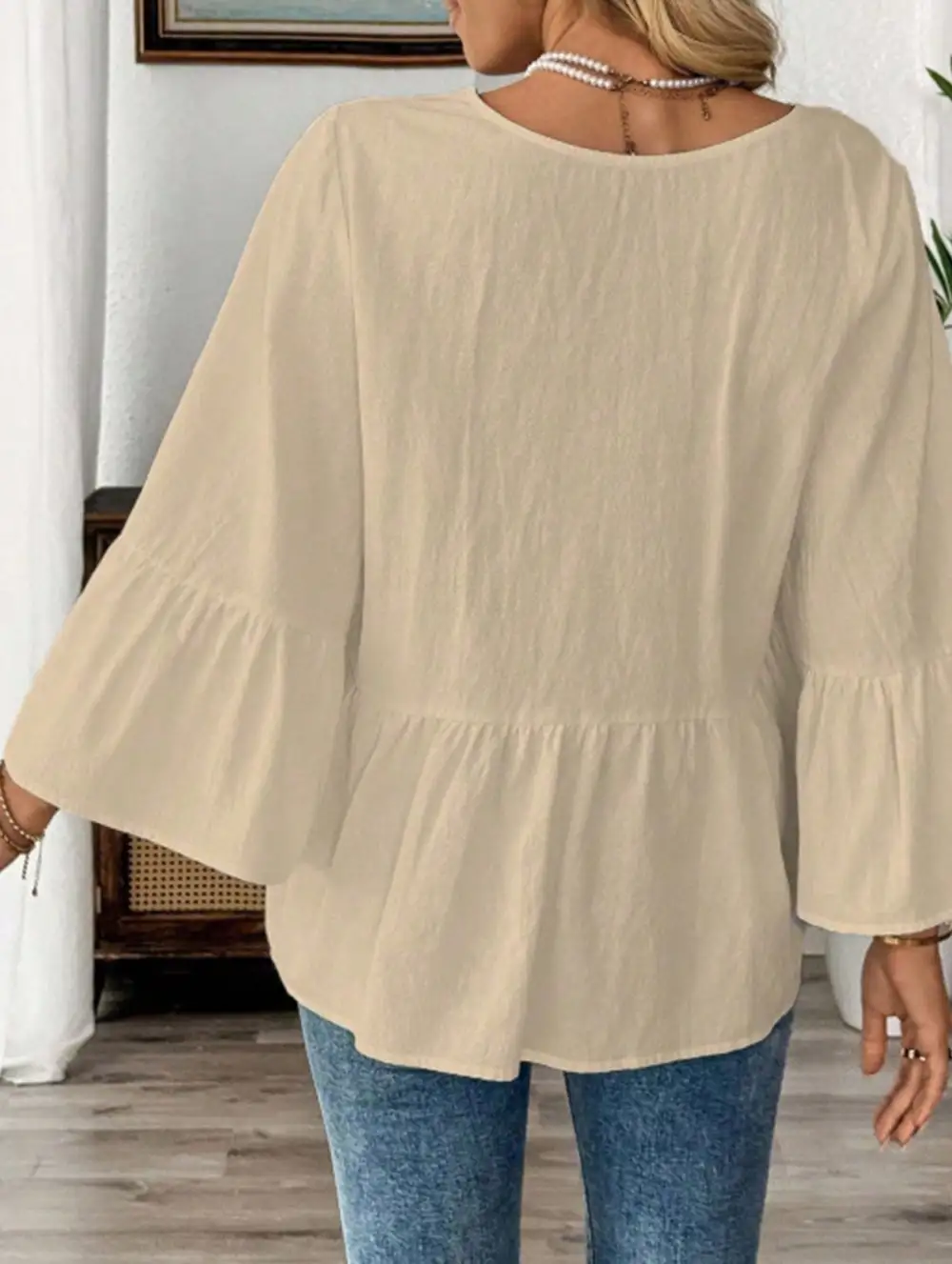 V Neck Ruffle Sleeve Cotton Blouse