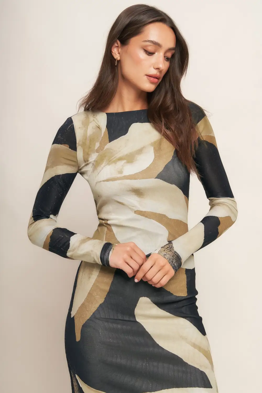 Long-Sleeve Mesh Abstract-Print Midi Dress