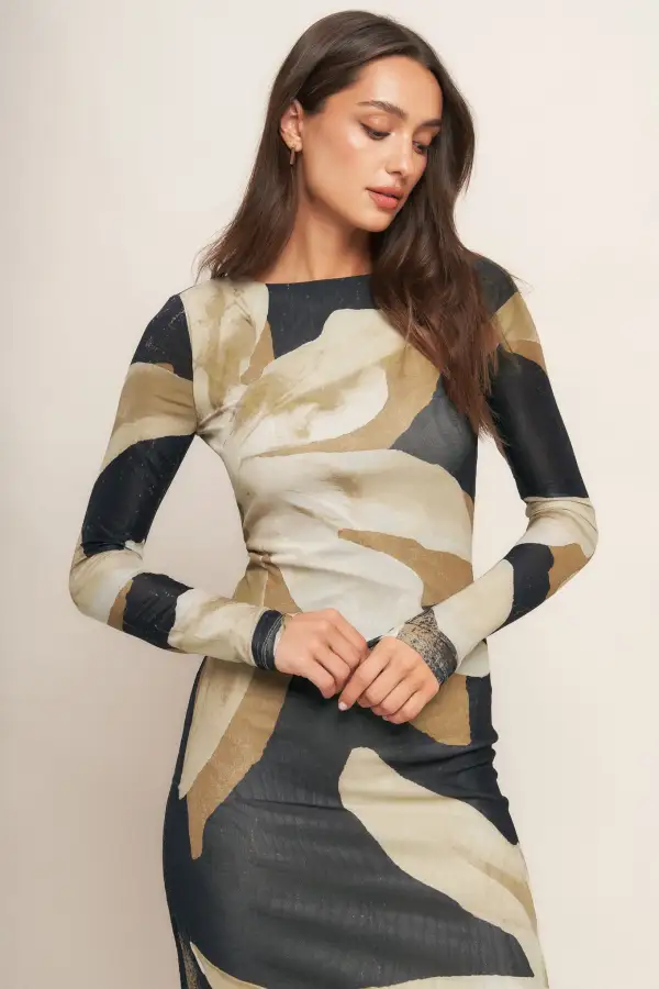 Long-Sleeve Mesh Abstract-Print Midi Dress