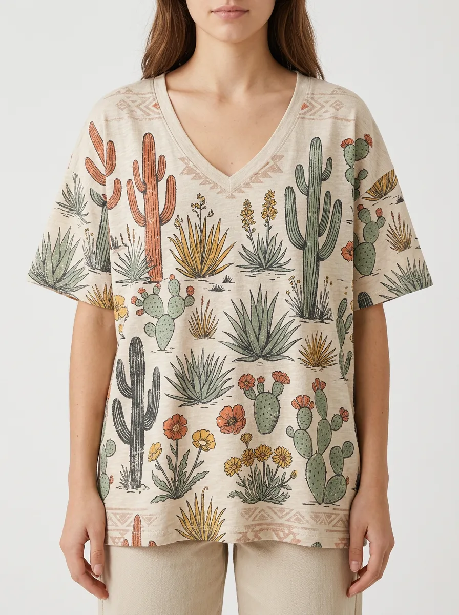 Women's Desert Cactus Succulent Floral Printed V-Neck T-Shirt