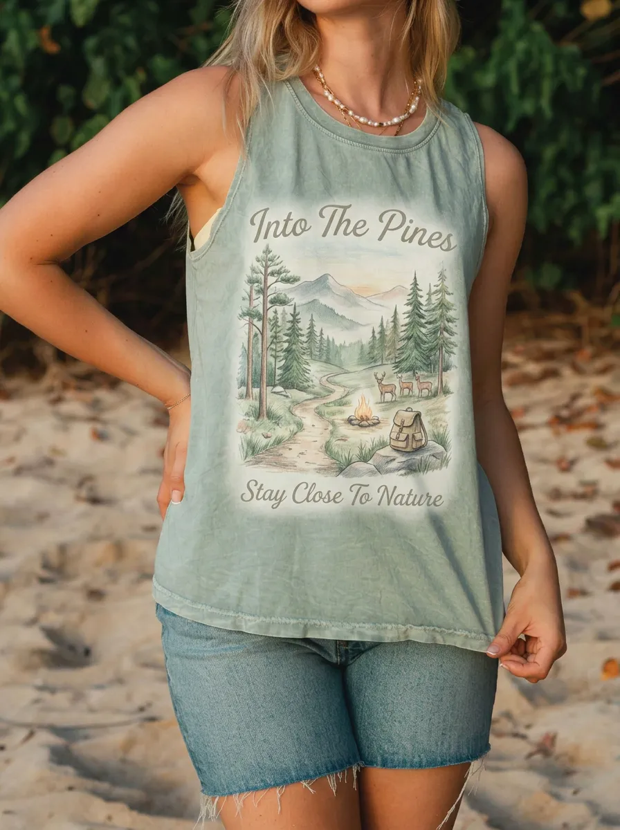 Women's Nature Lover Forest Deer Campfire Printed Tank Top