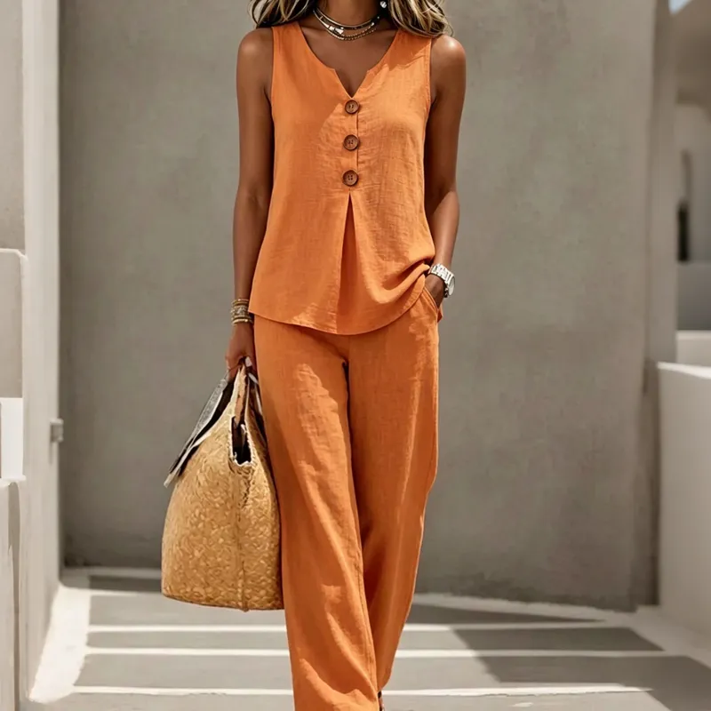 🌿Women's Natural Linen-Blend Sleeveless Button Top and Loose Pants Set