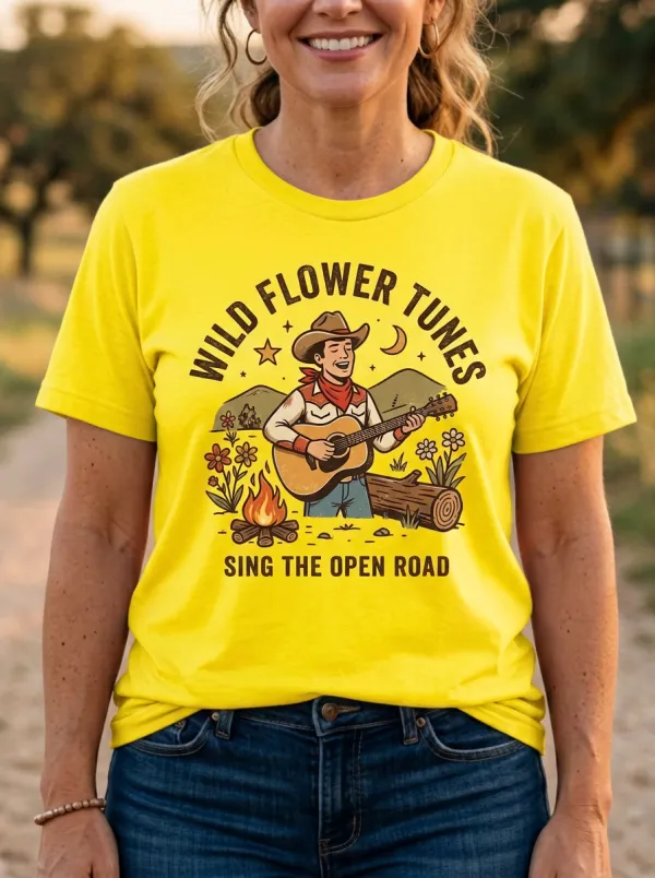 Guitar Cowboy Campfire Country Music Crewneck T-Shirt