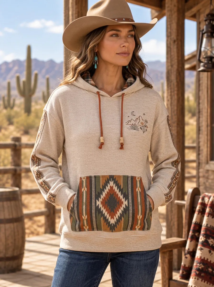 Women's Western Boho Desert Mountain Pattern Printed Hoodie