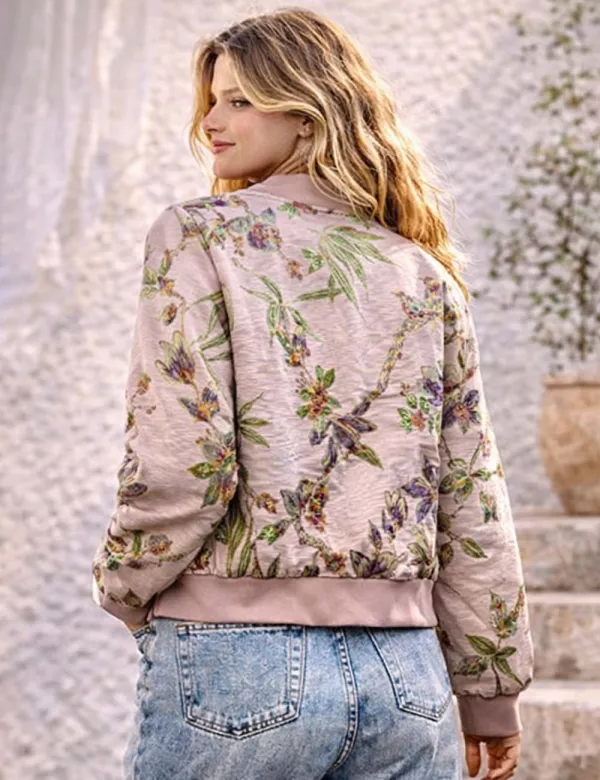 Beaded Jacquard Zip Up Long Sleeves Bomber Jacket