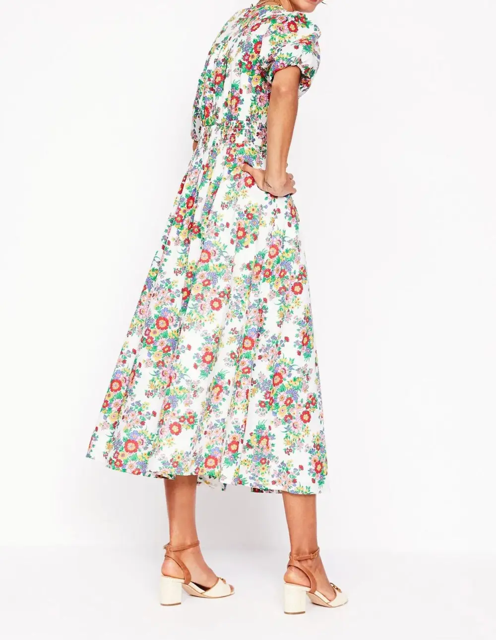 White and Pink Floral Short - Sleeve Wrap Dress