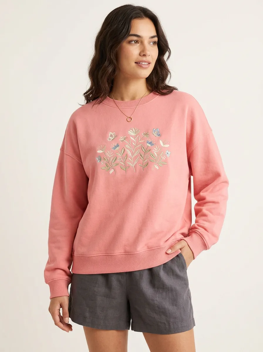 Women's Floral Butterfly Nature Lover Embroidered Pink Sweatshirt