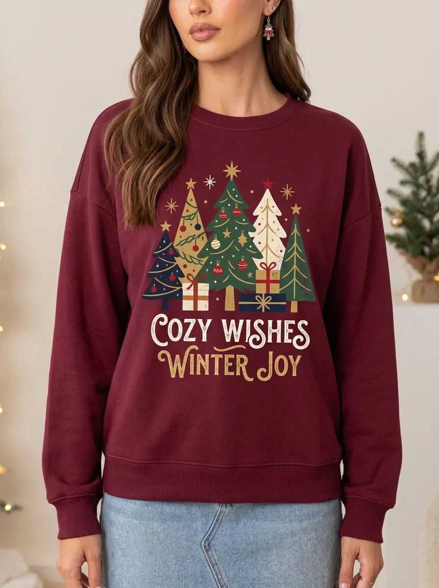 Christmas Cozy Wishes Winter Joy Tree Print Sweatshirt