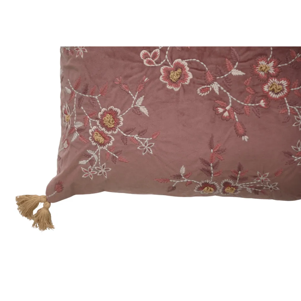 Embroidered Floral Botanical Velvet Lumbar Decorative Cushion Cover