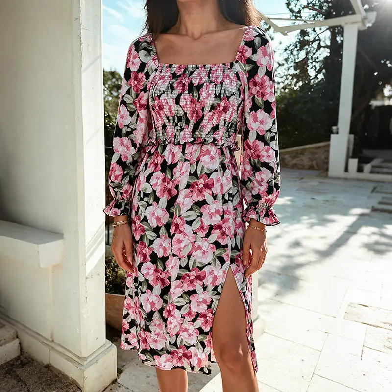 Women's Long-Sleeve Floral Slit Bridal Dress