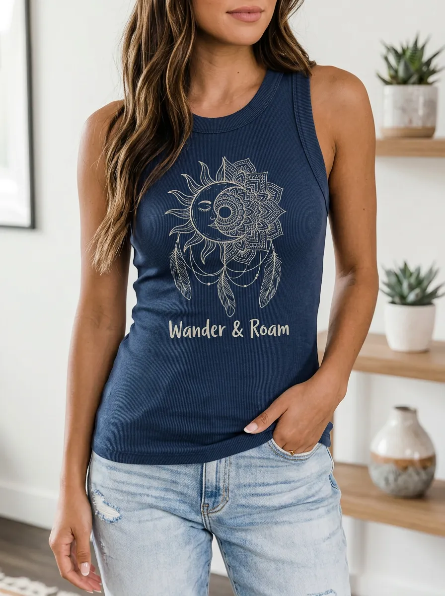 Women's Wander & Roam Celestial Mandala Sun Moon Printed Tank Top