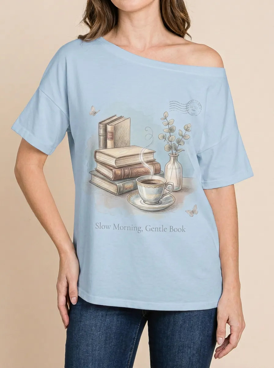 Women's Book Lover Coffee Stack Printed T-shirt