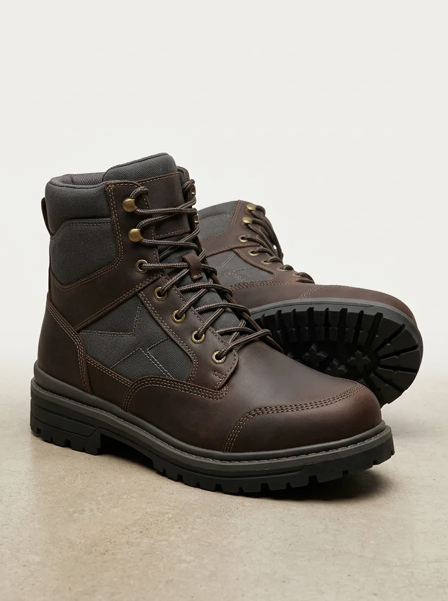 Unisex Leather Tactical Canvas Print Work Boots