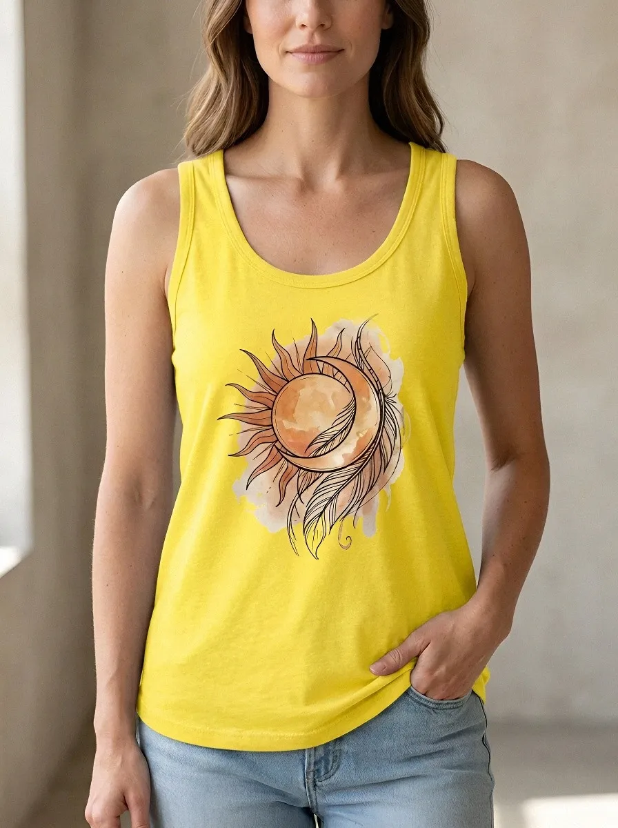 Women's Celestial Boho Sun Moon Feather Printed Tank Top