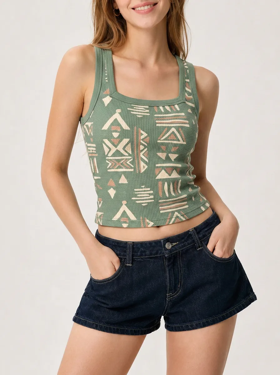 Women's Boho Geometric Pattern Printed Waffle Knit Tank Top