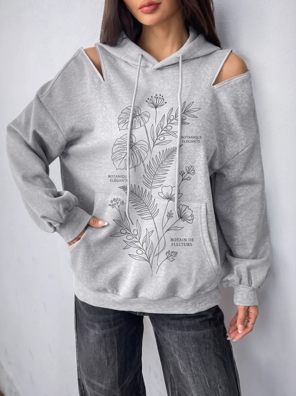 Women's Botanical Lover Floral Line Art Printed Cold Shoulder Hoodie