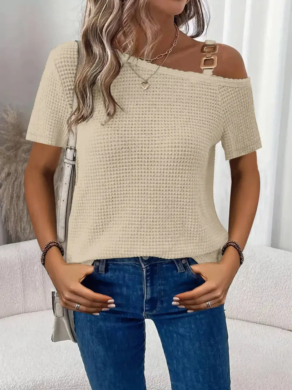 One Shoulder Chain Detail Waffle Knit Blouse