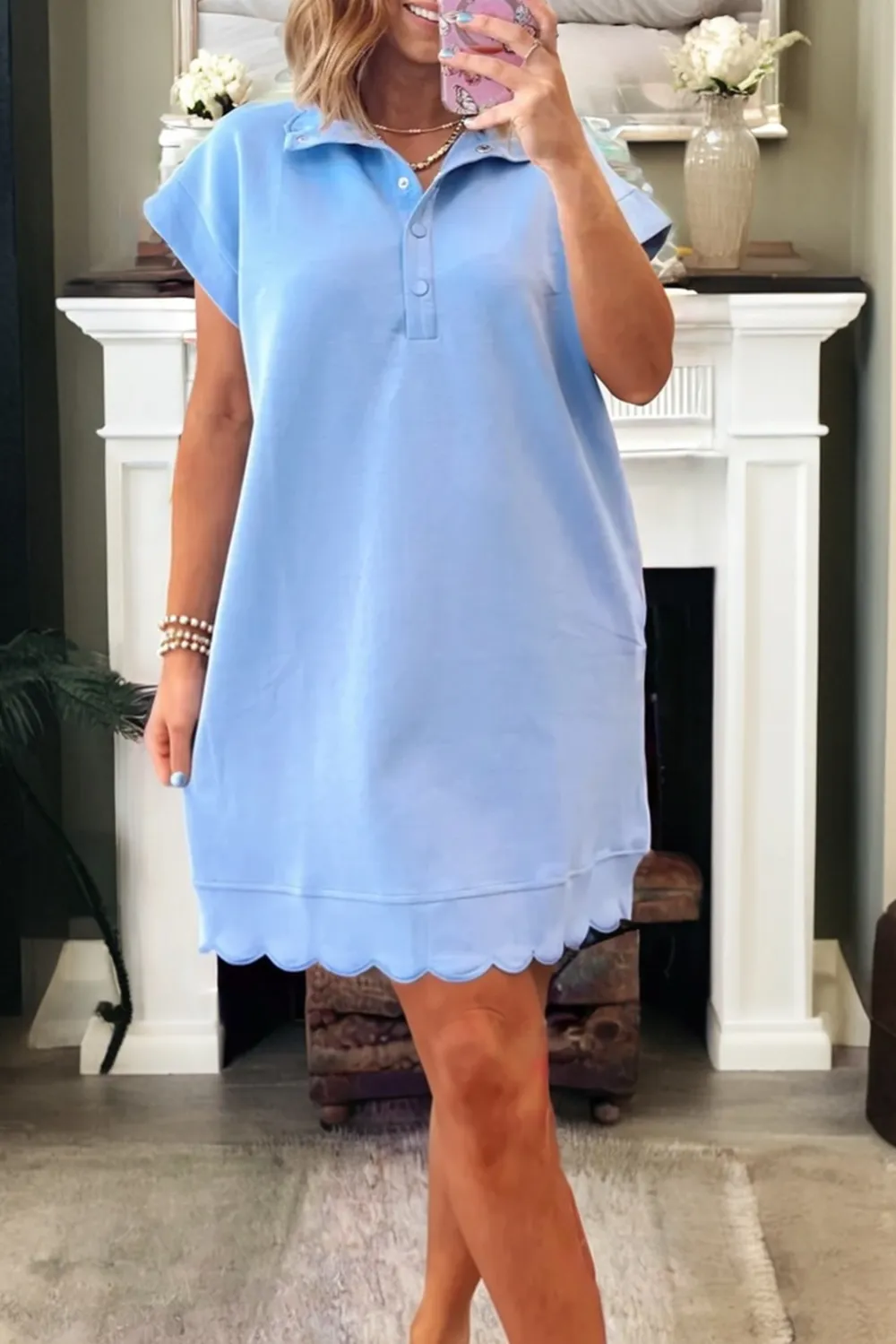 Button Front Scallop Trim Collared Mini Dress