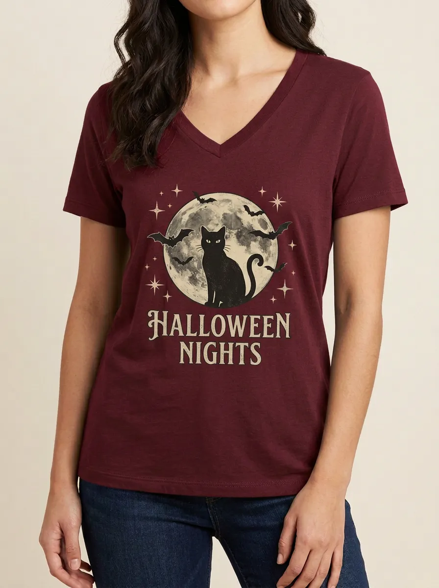 Women's Halloween Cat Moon Bats Printed V-neck T-shirt
