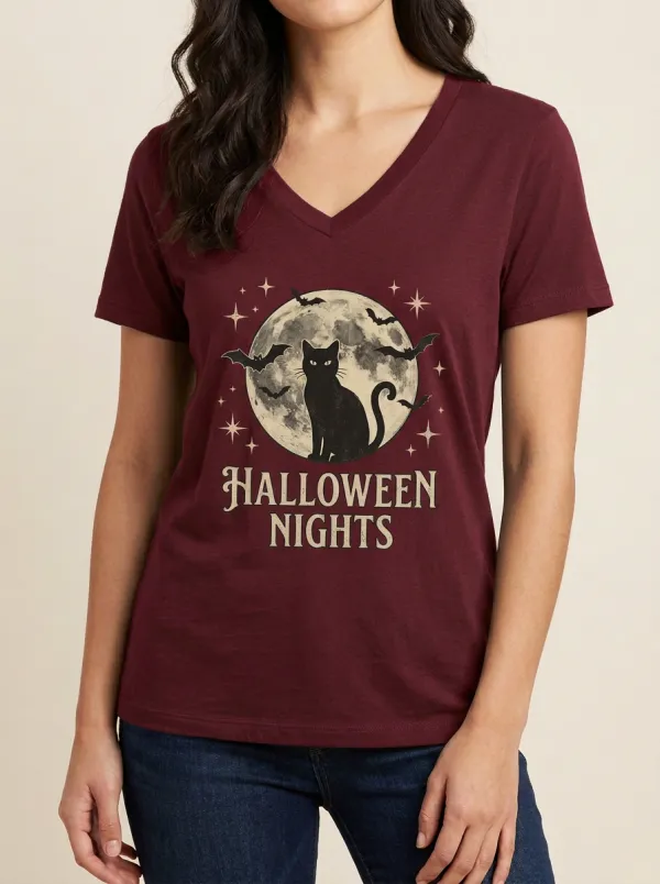 Women's Halloween Cat Moon Bats Printed V-neck T-shirt