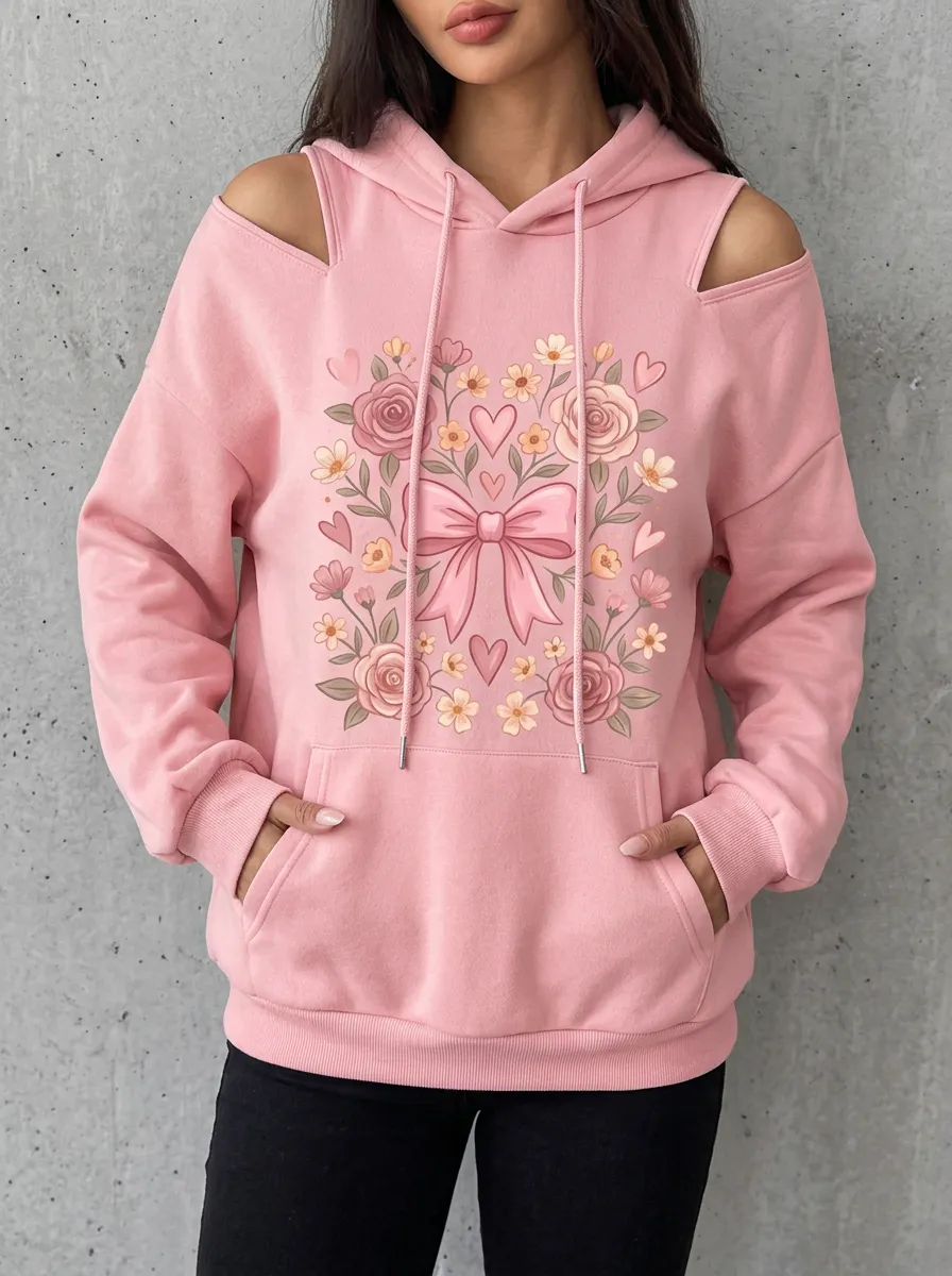 Women's Breast Cancer Awareness Floral Bow Heart Printed Cold Shoulder Hoodie