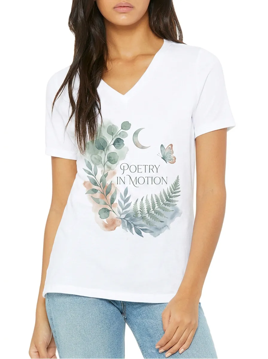 Women's Poetry In Motion Butterfly Botanical Printed V-Neck T-Shirt