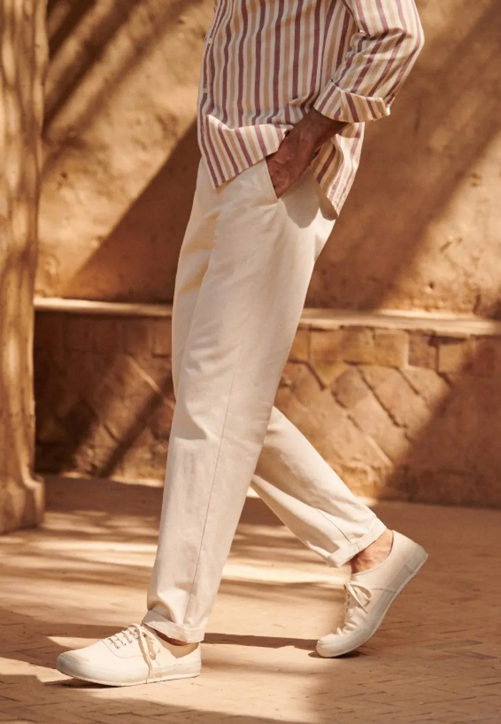 Cream White Cotton Linen Blend Relaxed Trousers
