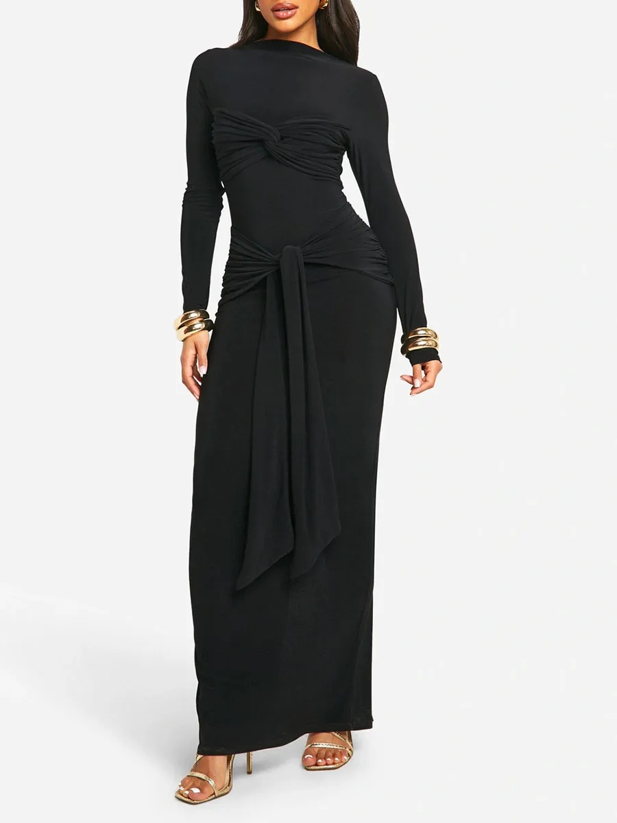 Women's Black Knot-Tie Long-Sleeve Maxi Dress